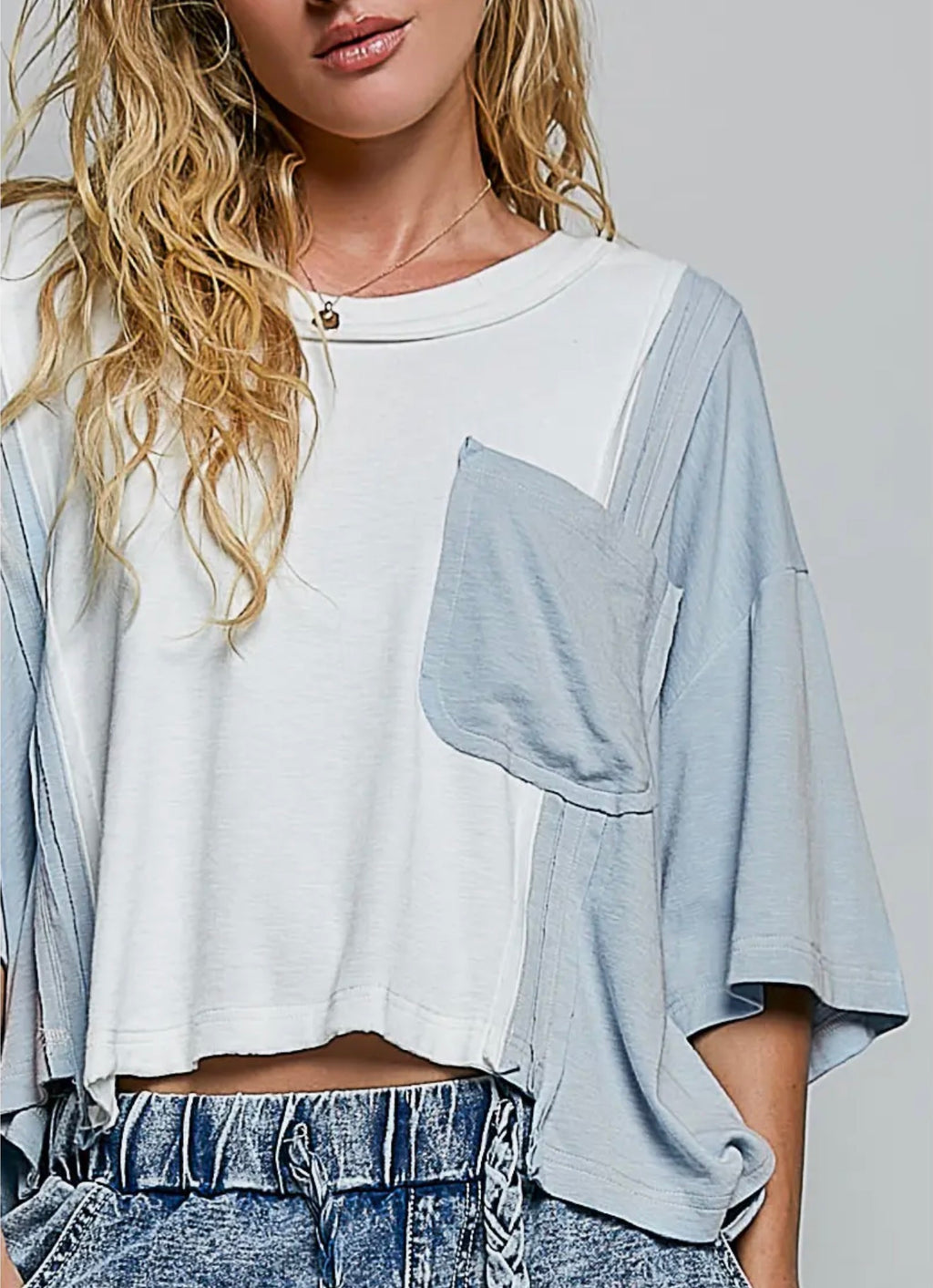 COMING SOON - POL Sky Blue Color Block Top