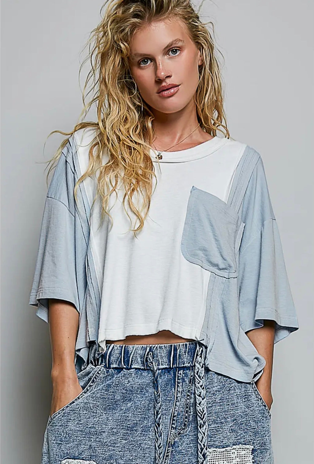 COMING SOON - POL Sky Blue Color Block Top